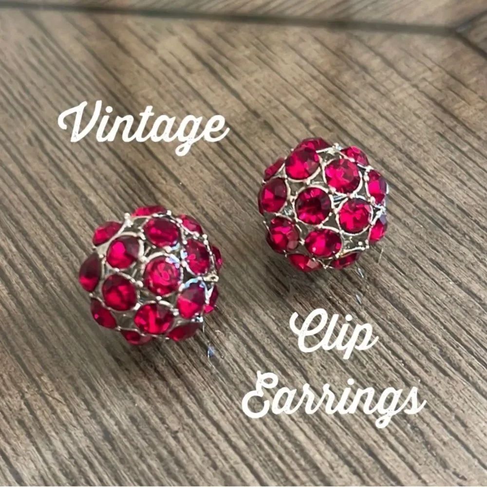 Vintage Cut Glass Ruby Red Rhinestone Done Clip Earrings